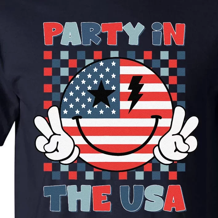 Party In The Usa Happy Face Smile American Flag 4th Of July Tall T-Shirt