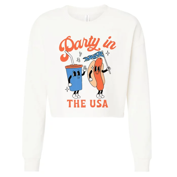 Party In The Usa Hot Dog Love USA Funny 4th Of July Cropped Pullover Crew