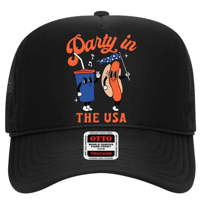 Party In The USA Shirt Hot Dog Lover Usa Funny 4th Of July High Crown Mesh Trucker Hat