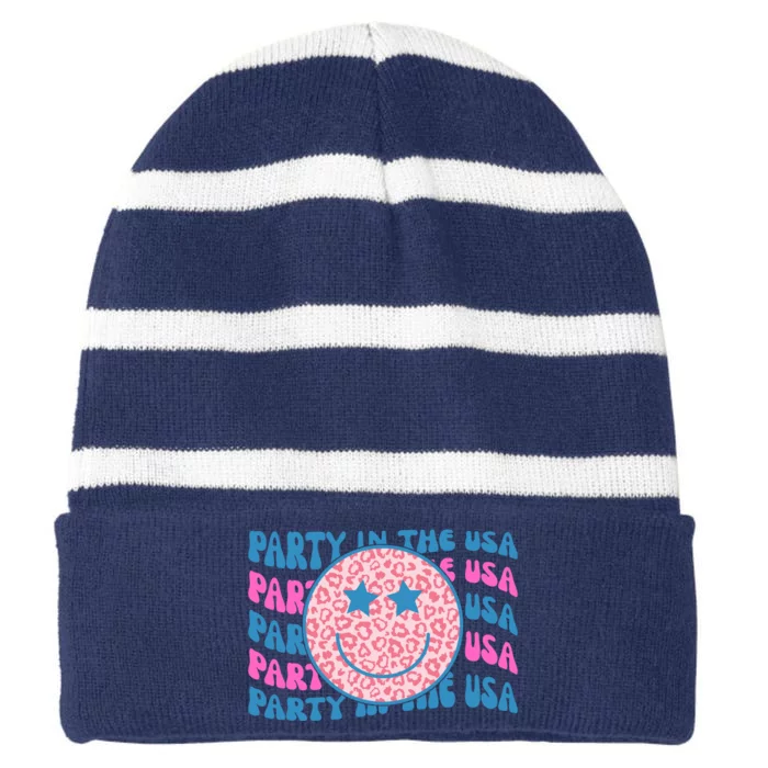 Party In The Usa Retro Smile Groovy Striped Beanie with Solid Band