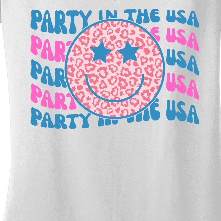 Party In The Usa Retro Smile Groovy Women's V-Neck T-Shirt