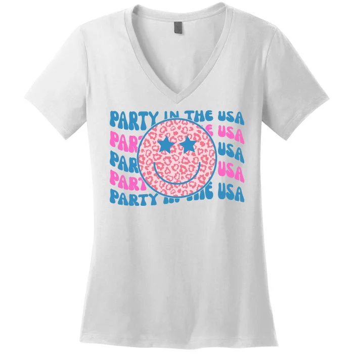 Party In The Usa Retro Smile Groovy Women's V-Neck T-Shirt