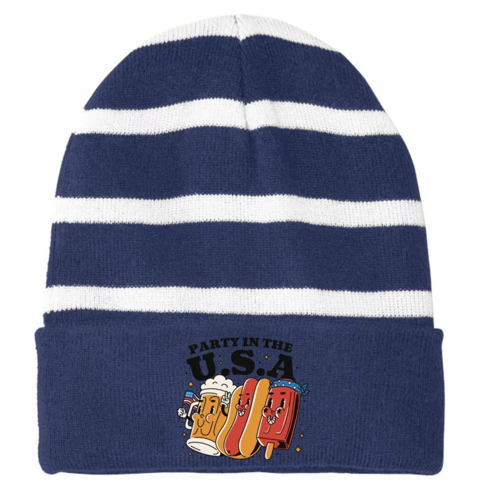 Party In The USA Hot Dog And Beer Funny Striped Beanie with Solid Band