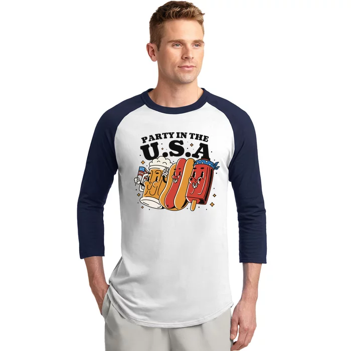 Party In The USA Hot Dog And Beer Funny Baseball Sleeve Shirt