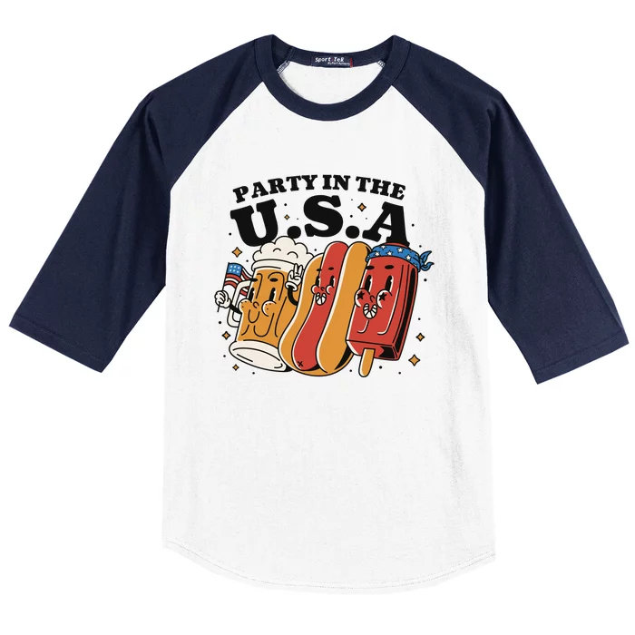 Party In The USA Hot Dog And Beer Funny Baseball Sleeve Shirt