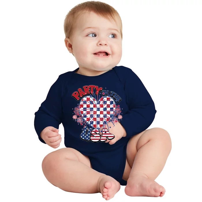 Party In The Usa Firework Red White Blue Heart Baby Long Sleeve Bodysuit