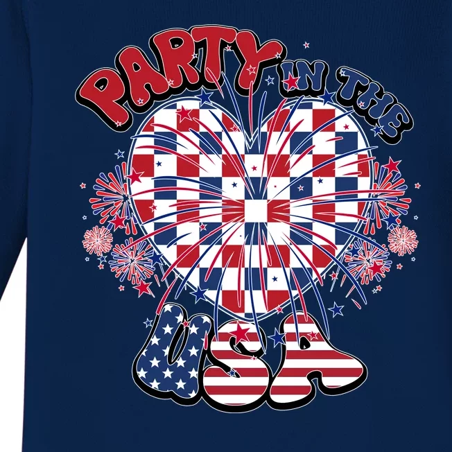 Party In The Usa Firework Red White Blue Heart Baby Long Sleeve Bodysuit