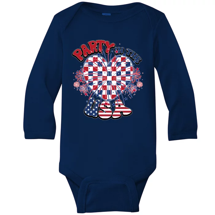 Party In The Usa Firework Red White Blue Heart Baby Long Sleeve Bodysuit