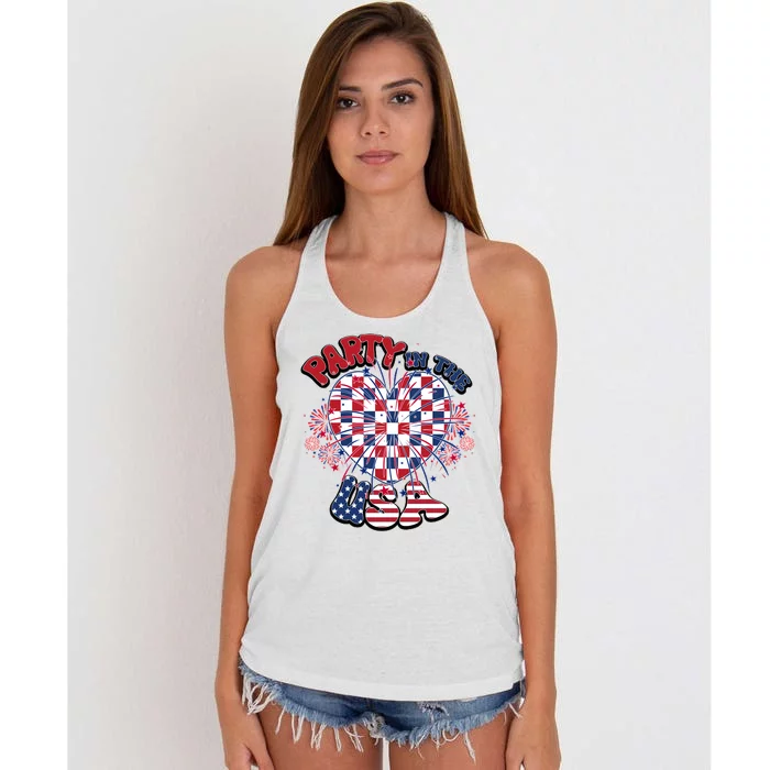 Party In The Usa Firework Red White Blue Heart Women's Knotted Racerback Tank