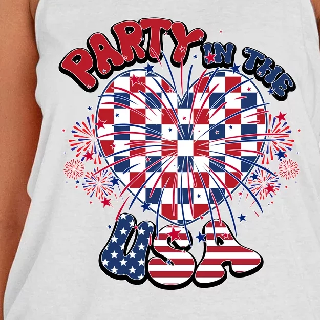 Party In The Usa Firework Red White Blue Heart Women's Knotted Racerback Tank