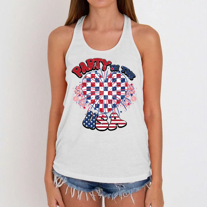 Party In The Usa Firework Red White Blue Heart Women's Knotted Racerback Tank