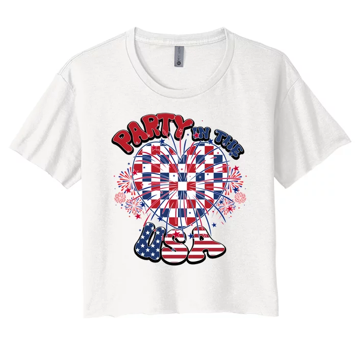 Party In The Usa Firework Red White Blue Heart Women's Crop Top Tee