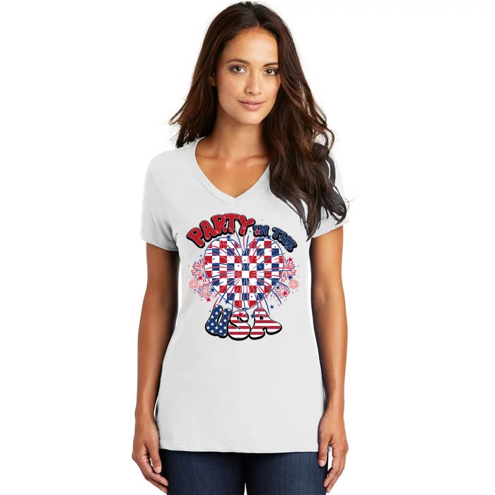 Party In The Usa Firework Red White Blue Heart Women's V-Neck T-Shirt