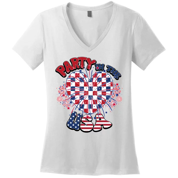 Party In The Usa Firework Red White Blue Heart Women's V-Neck T-Shirt