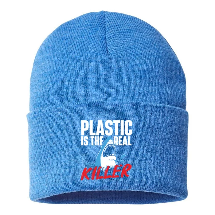 Plastic Is The Real Killer Gift Shark Lover Ocean Wildlife Gift Sustainable Knit Beanie