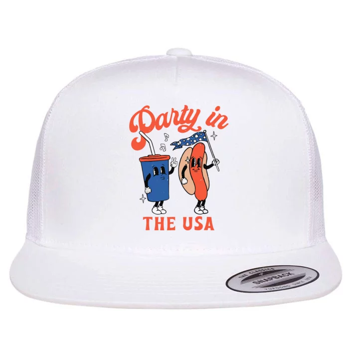 Party In The Usa Hot Dog Funny Fourth Of July Flat Bill Trucker Hat