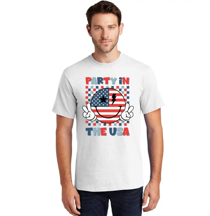 Party In The USA Happy Face Smile American Flag 4th Of July Tall T-Shirt