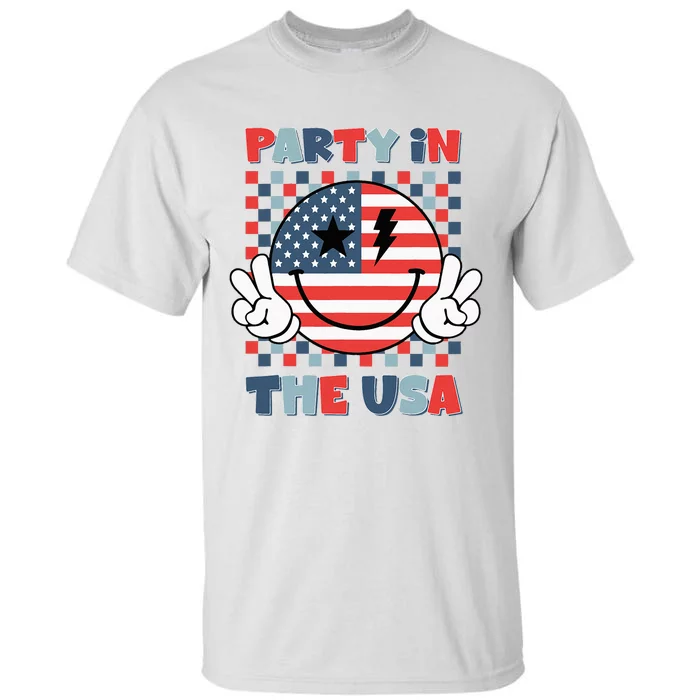 Party In The USA Happy Face Smile American Flag 4th Of July Tall T-Shirt