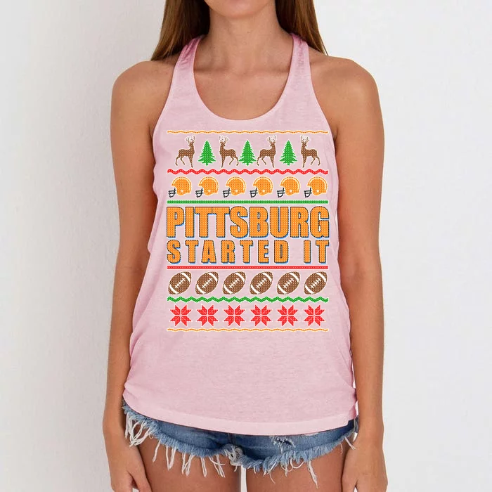 Pittsburgh Started It Ugly Christmas Sweater Women's Knotted Racerback Tank