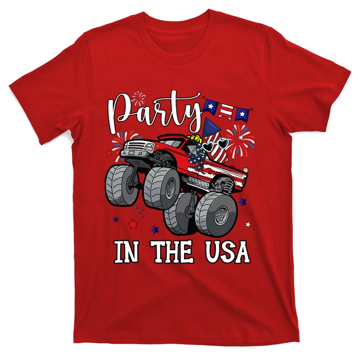 Party In Usa Monster Truck Us Flag Boy America T-Shirt