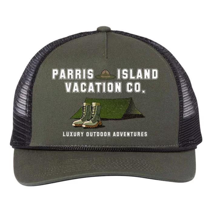 Parris Island Vacation Co Luxury Outdoor Adventures Funny Retro Rope Trucker Hat Cap