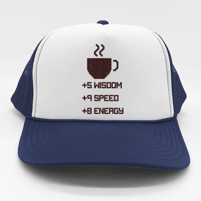 Pixel Coffee Power Up Wisdom Speed Energy Trucker Hat