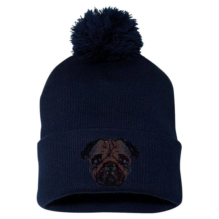 Pixelated Pug Dog Pom Pom 12in Knit Beanie