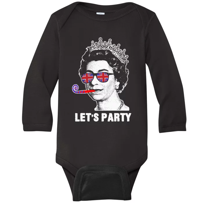 Platinum Jubilee. Queen & Union Jack LetS Party Funny Queen Baby Long Sleeve Bodysuit