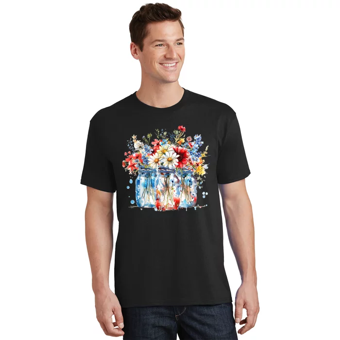 Patriotic Jars & Red White Funny Blue Flowers 4th Of July T-Shirt