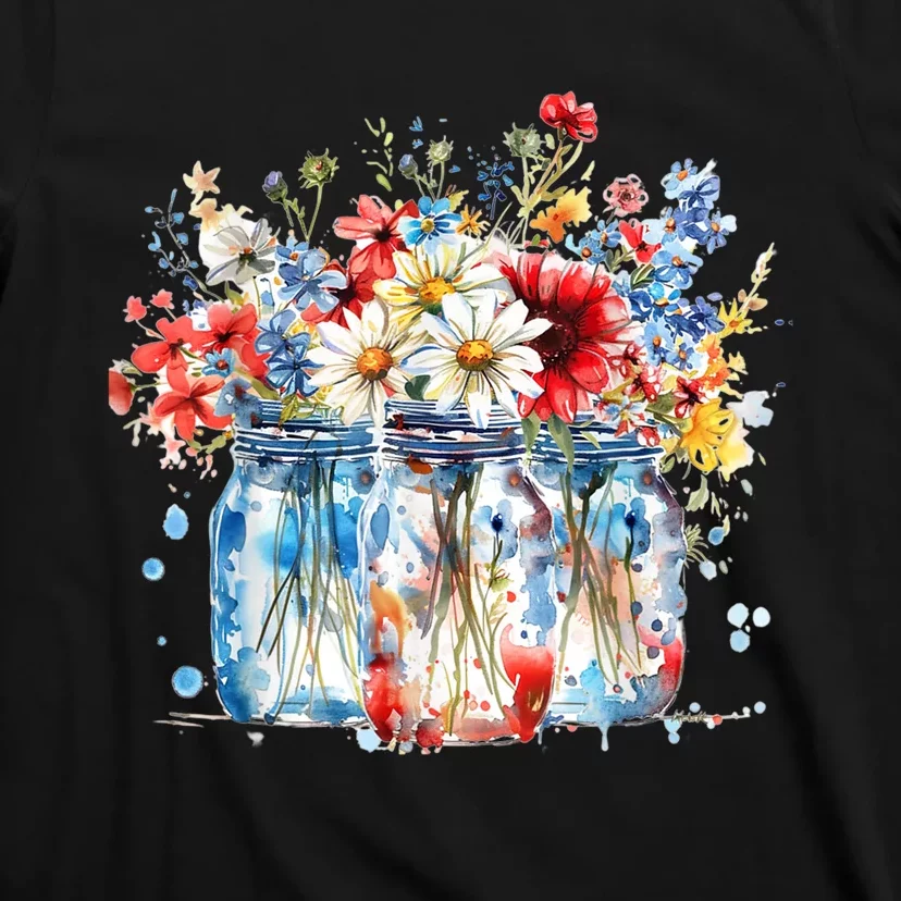 Patriotic Jars & Red White Funny Blue Flowers 4th Of July T-Shirt