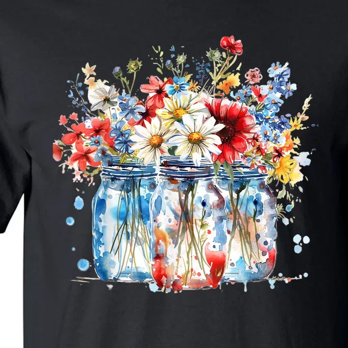 Patriotic Jars & Red White Funny Blue Flowers 4th Of July Tall T-Shirt