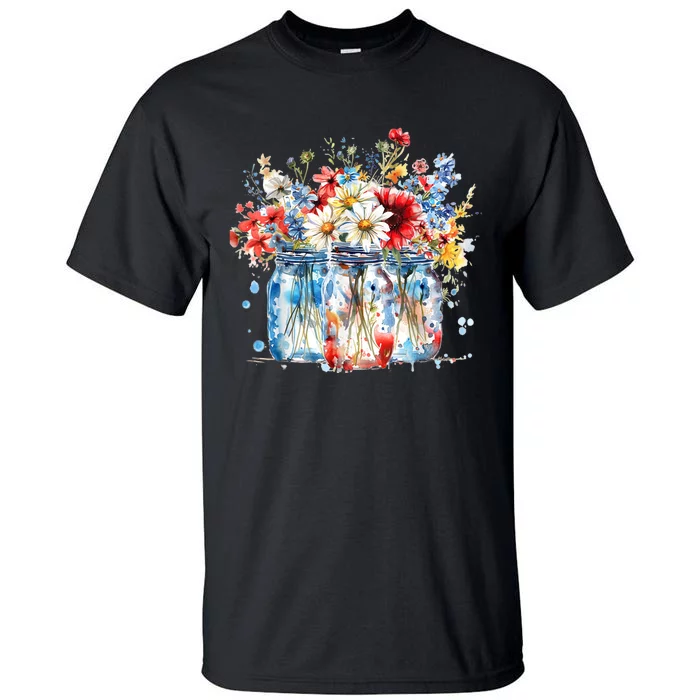 Patriotic Jars & Red White Funny Blue Flowers 4th Of July Tall T-Shirt