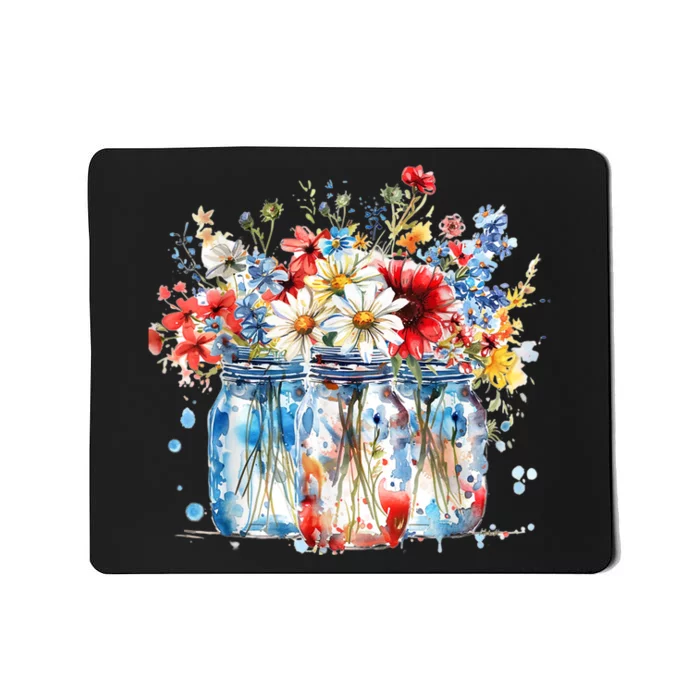 Patriotic Jars & Red White Funny Blue Flowers 4th Of July Mousepad