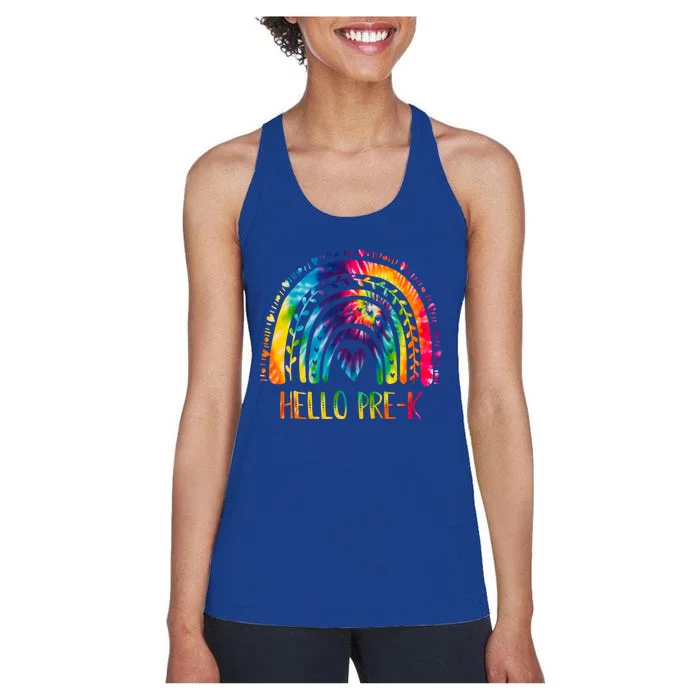 Pre K Back To School Hello Kindergarten Tie Dye Rainbow Gift Women's Racerback Tank