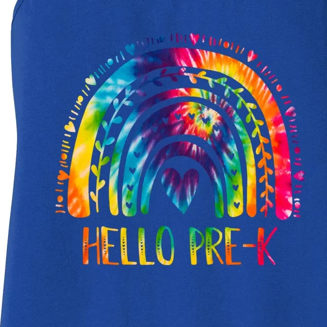 Pre K Back To School Hello Kindergarten Tie Dye Rainbow Gift Women's Racerback Tank