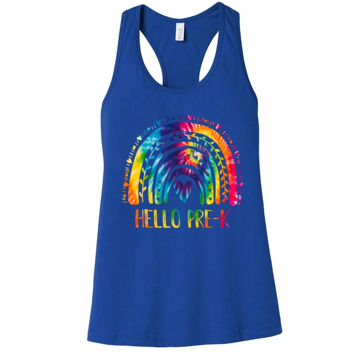 Pre K Back To School Hello Kindergarten Tie Dye Rainbow Gift Women's Racerback Tank