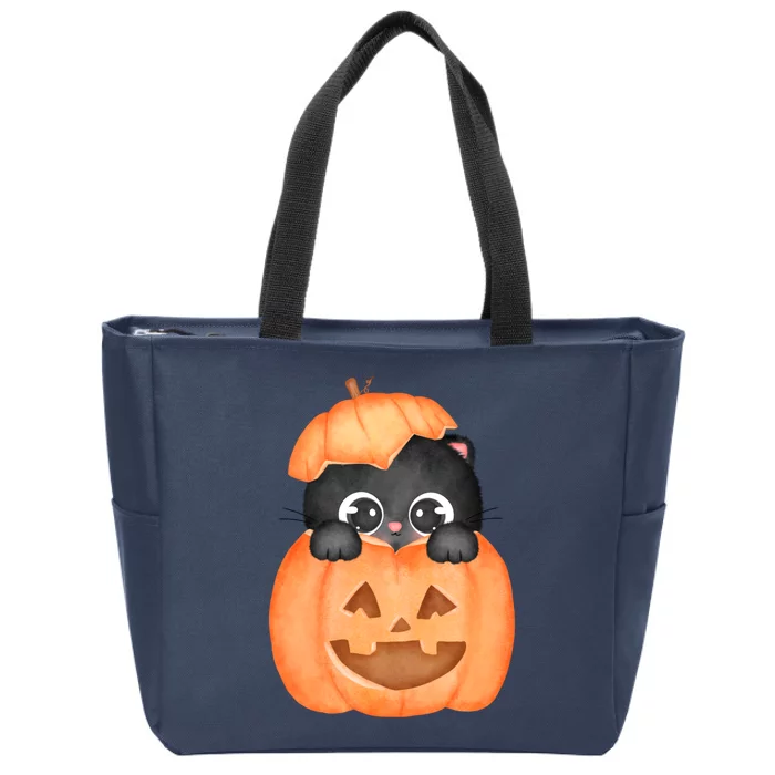 Pumpkin Kitty Cute Halloween Zip Tote Bag