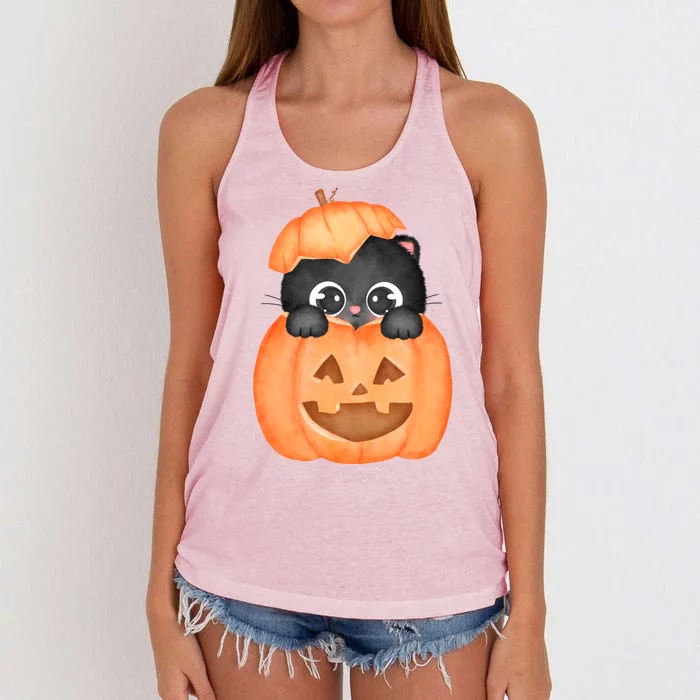 Pumpkin Kitty Cute Halloween Women's Knotted Racerback Tank