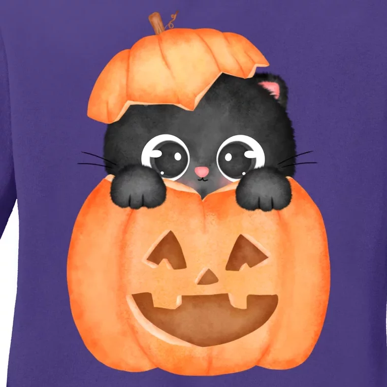 Pumpkin Kitty Cute Halloween Ladies Long Sleeve Shirt