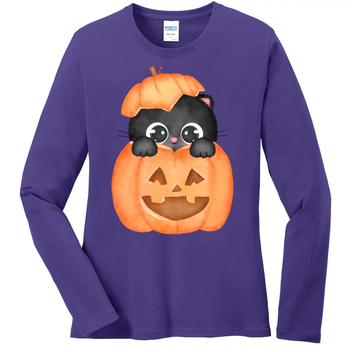 Pumpkin Kitty Cute Halloween Ladies Long Sleeve Shirt