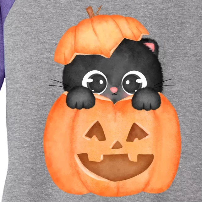 Pumpkin Kitty Cute Halloween Women's Tri-Blend 3/4-Sleeve Raglan Shirt