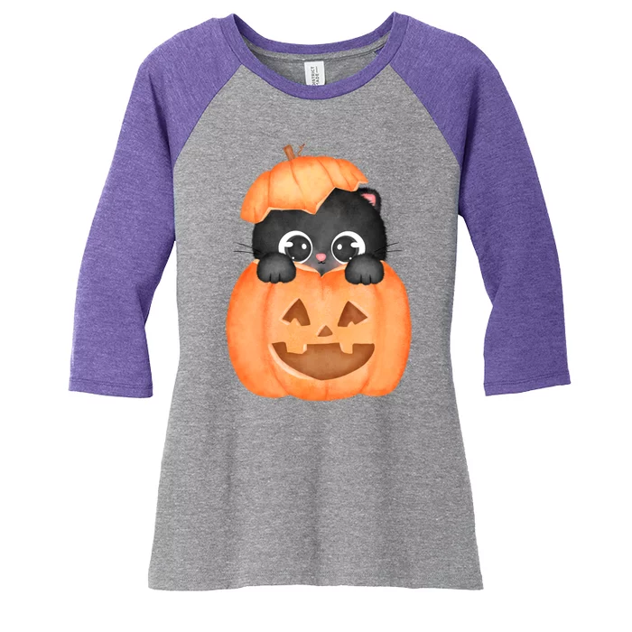 Pumpkin Kitty Cute Halloween Women's Tri-Blend 3/4-Sleeve Raglan Shirt