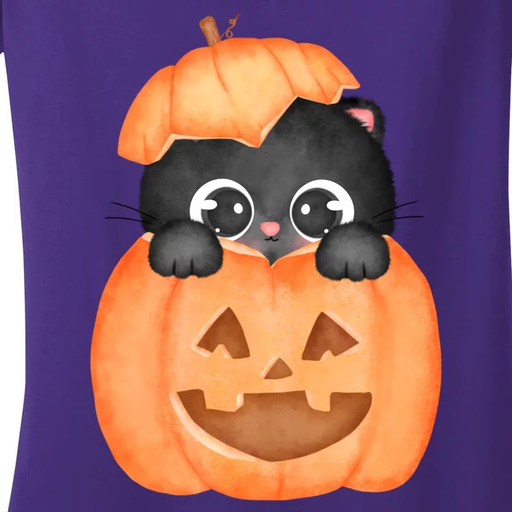 Pumpkin Kitty Cute Halloween Women's V-Neck T-Shirt