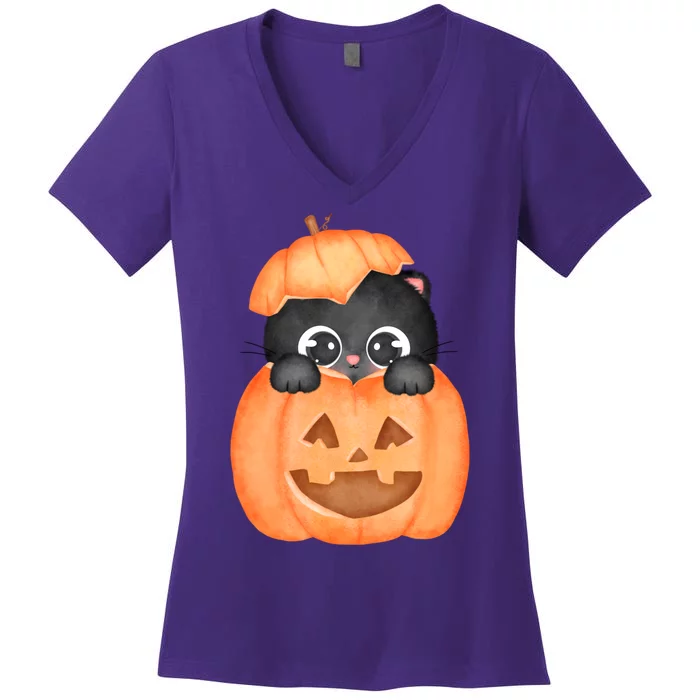 Pumpkin Kitty Cute Halloween Women's V-Neck T-Shirt