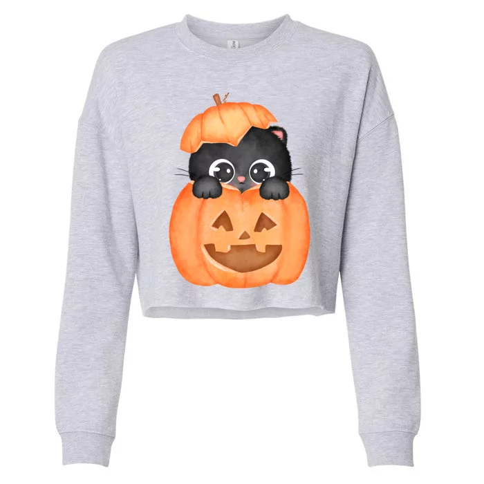 Pumpkin Kitty Cute Halloween Cropped Pullover Crew