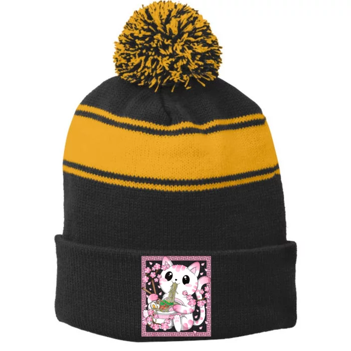 Pink Kawaii Cat Ramen Noodles Anime Japanese Cherry Blossom Stripe Pom Pom Beanie