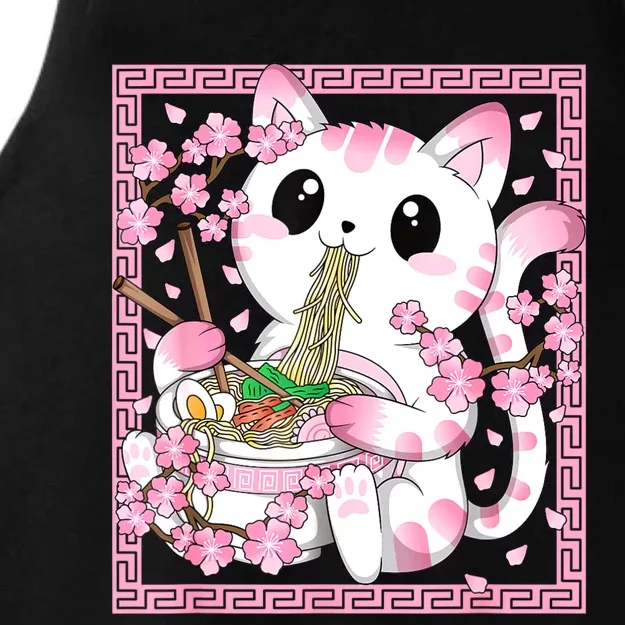 Pink Kawaii Cat Ramen Noodles Anime Japanese Cherry Blossom Ladies Tri-Blend Wicking Tank