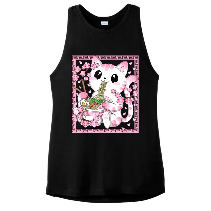 Pink Kawaii Cat Ramen Noodles Anime Japanese Cherry Blossom Ladies Tri-Blend Wicking Tank