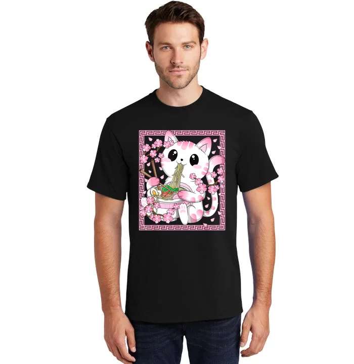 Pink Kawaii Cat Ramen Noodles Anime Japanese Cherry Blossom Tall T-Shirt