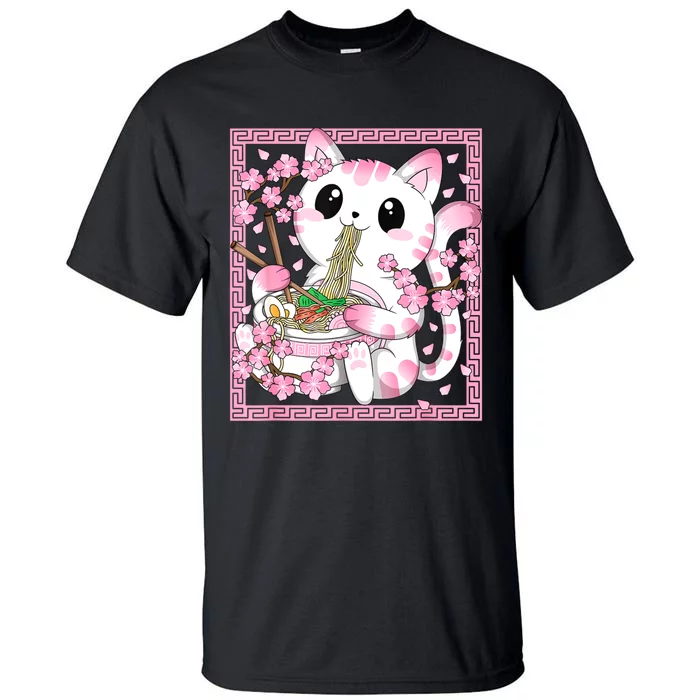 Pink Kawaii Cat Ramen Noodles Anime Japanese Cherry Blossom Tall T-Shirt